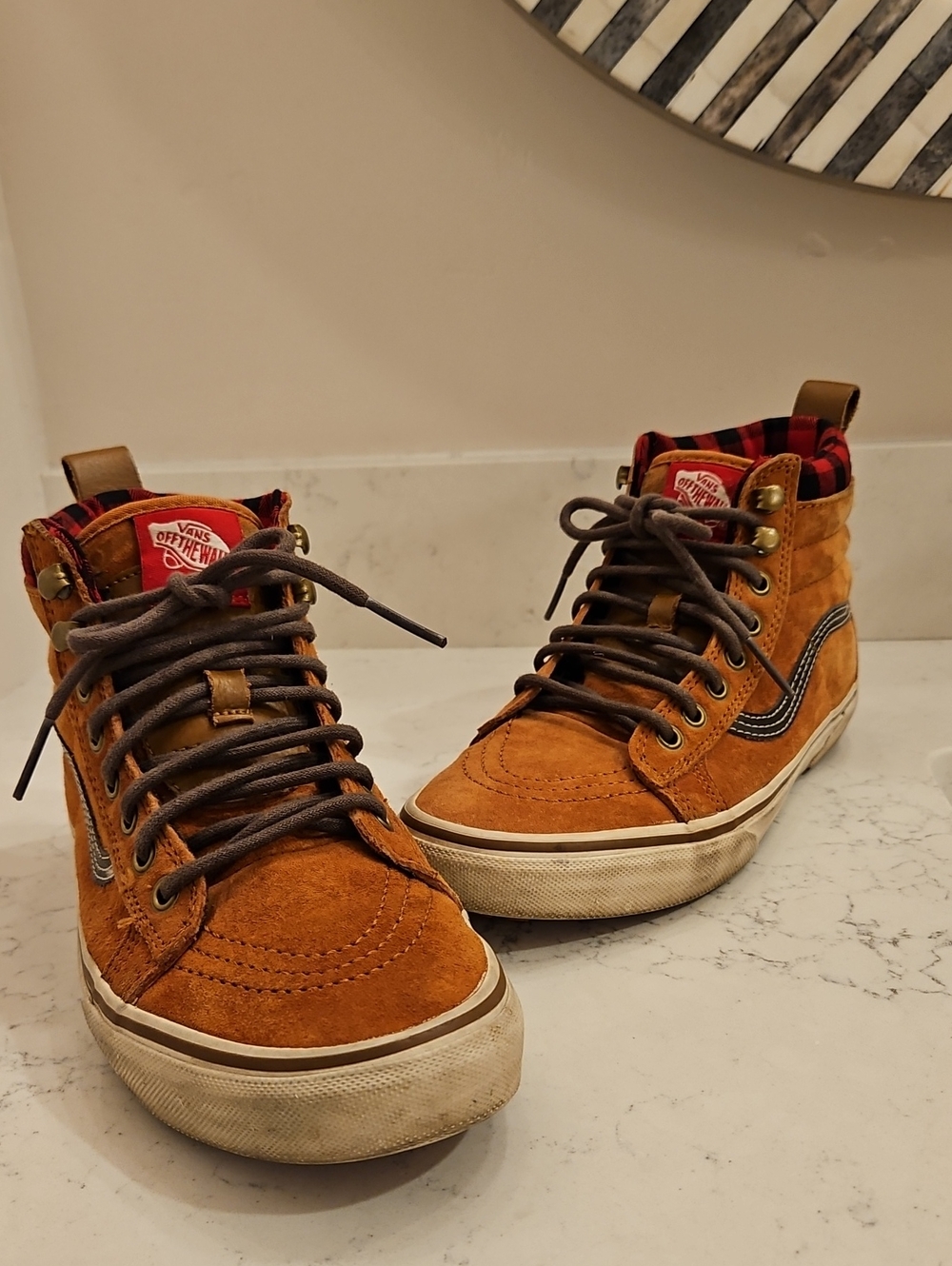 Vans SK8 Hi MTE, Suede Tan/Brown High-Top Sneakers, Red And Black Plaid